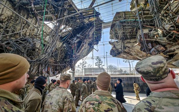  U.S. soldiers visit the remains of the ROKS Cheonan at 2nd Fleet Command headquarters in Pyeongtaek, South Korea, March 7, 2024.  