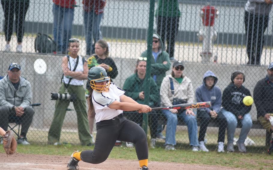 Alconbury's Kalila Te'o connects with a pitch Friday, May 23, 2025, at the DODEA-Europe Division II/III softball championships at Kaiserslautern, Germany.