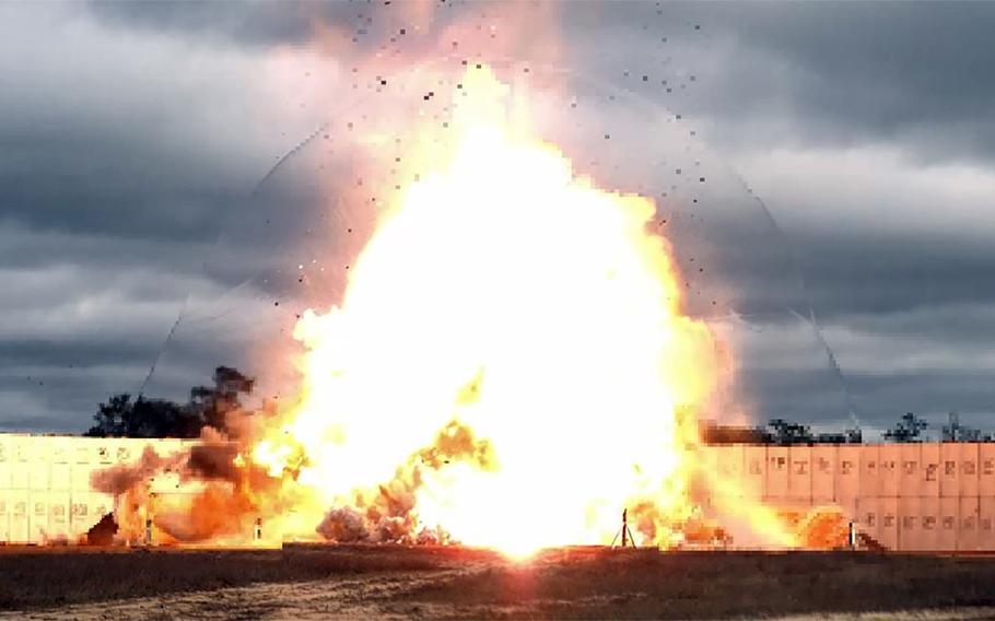 A GBU-72 Advanced 5K Penetrator bomb is dropped for the first time on the range at Eglin Air Force Base, Fla., Oct. 7, 2021.