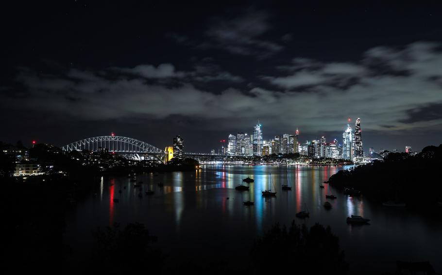 Buildings at night in Sydney.