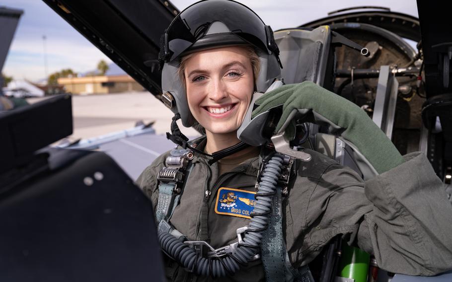 U.S. Air Force 2nd Lt. Madison Marsh prepares for her familiarization flight at Nellis Air Force Base, Nev., Dec. 19, 2023. Marsh is one of 51 contestants who will compete for the Miss America crown in January. Marsh is believed to be the first Air Force cadet to win a state pageant in the competition, a title she earned days before graduating from the academy last spring. The Arkansas native is working toward a masters degree in public policy at Harvard.