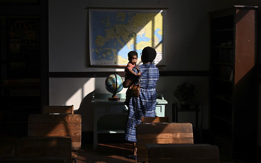 Visitors to the schoolroom display at the Jimmy Carter National Historical Park’s visitor center, which is housed in the former Plains High School in Plains, Ga. 