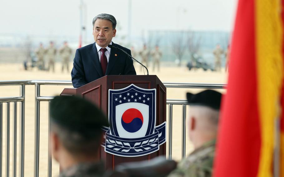 South Korean Defense Minister Lee Jong-sup speaks during a visit to Camp Humphreys in Pyeongtaek, South Korea, Nov. 15, 2022. 