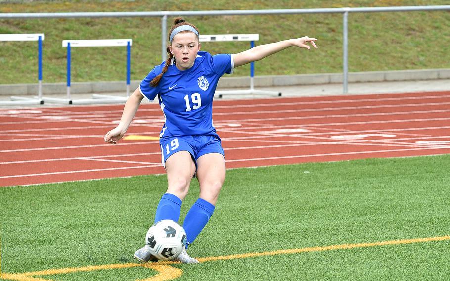 Ramstein defensive midfielder Kyndra Brown hits a corner during a match against SHAPE on April 5, 2024, at Ramstein High School on Ramstein Air Base, Germany.