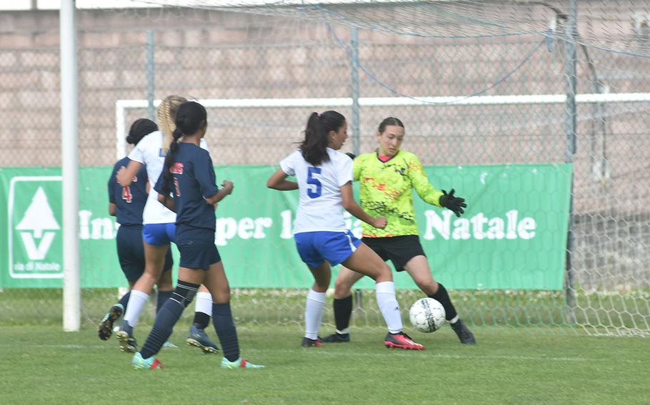 Aviano goalkeeper Paige Rogers stops a Rota attack from Juliana Vollmer in the Admirals’ 3-0 victory Saturday, April 27, 2024.