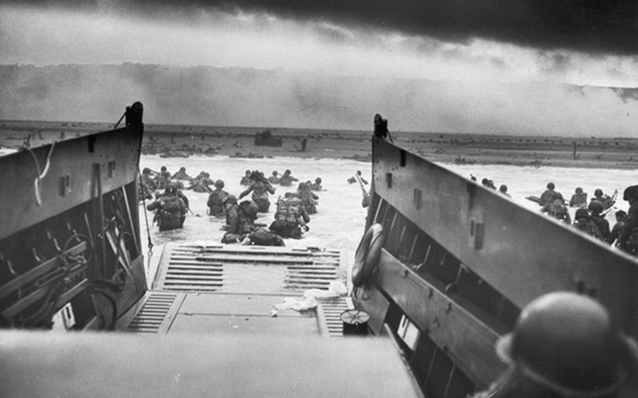 American troops move toward shore on D-Day, June 6, 1944.