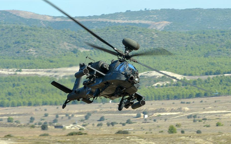 A U.S. Army AH-64 Apache helicopter flies in a NATO exercise in Spain. Poland’s plans to acquire Apache helicopters will be a difference-maker for allied security, the American ambassador to Poland, Mark Brzezinski, said this week in Warsaw. 