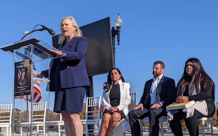 Sen. Kirsten Gillibrand, D-N.Y., speaks at a rally Thursday in Washington to call for justice for Army Spc. Vanessa Guillen, who was killed at Fort Hood, Texas. Gillibrand said the soldier’s family will not have justice until they are able to file a claim for compensation. She is calling on the Senate to include language in the 2022 National Defense Authorization Act that would make that possible. 