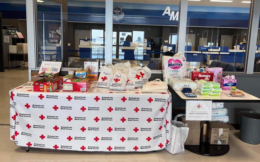 Snacks and comfort care items from the American Red Cross await Patriot Express pasengers stranded recently at Misawa Air Base, Japan.