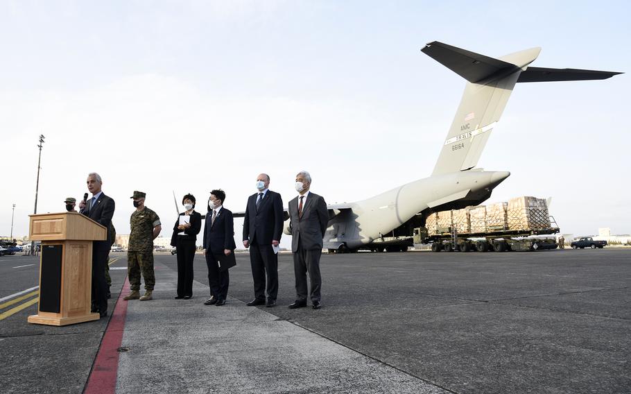 The U.S military and government “couldn’t be happier” about Japan’s aid shipments to Ukraine, U.S. Ambassador to Japan Rahm Emanual said at Yokota Air Base in western Tokyo, Wednesday, March 16, 2022.