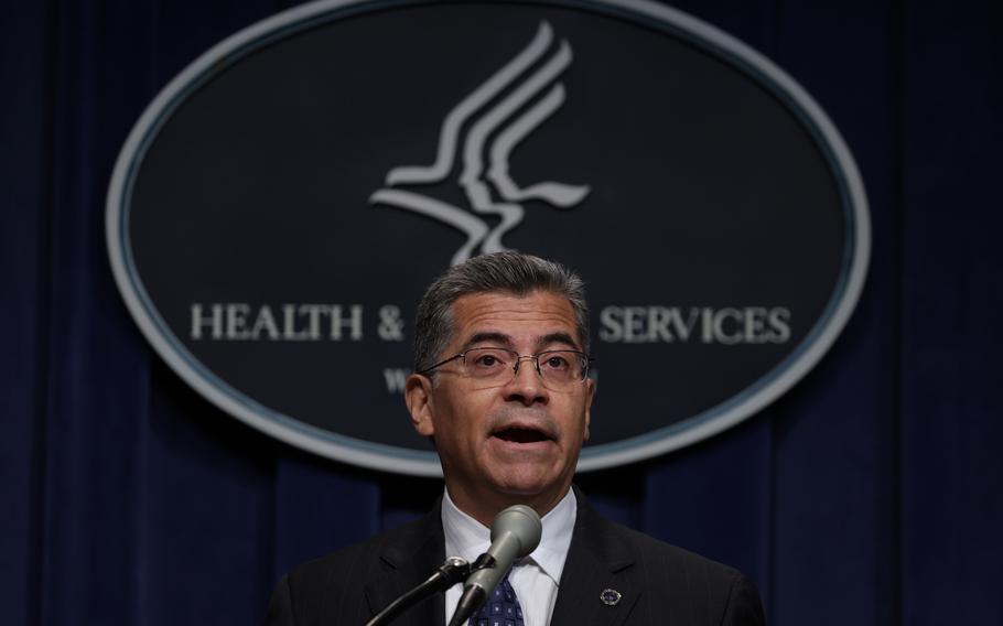 In this photo from June 28, 2022, U.S. Secretary of Health and Human Services Xavier Becerra speaks during a news conference at the headquarters of HHS in Washington, DC. Secretary Becerra held a news conference "to unveil an action plan at President Biden's direction" in response to the Supreme Court‘s 6-3 Dobbs v. Jackson Women's Health decision. 