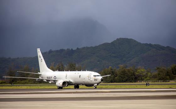 A Navy P-8 Poseidon surveillance plane prepares for takeoff at Marine Corps Air Station Kaneohe Bay, Hawaii, Sept. 27, 2023. 