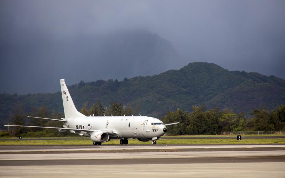 A Navy P-8 Poseidon surveillance plane prepares for takeoff at Marine Corps Air Station Kaneohe Bay, Hawaii, Sept. 27, 2023. CFM International was awarded a $47,775,000 modification to a previously awarded firm-fixed-price contract, the Department of Defense said this week. This modification exercises options to procure three CFM56-7B27AE spare engines, two for the Navy and one for the government of Germany, in support of the P-8A Poseidon aircraft, the Pentagon said.