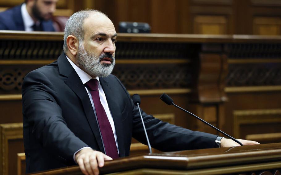Armenian Prime minister Nikol Pashinyan speaks at the National Assembly of Armenia in Yerevan, Armenia, on Sept. 13, 2022. 