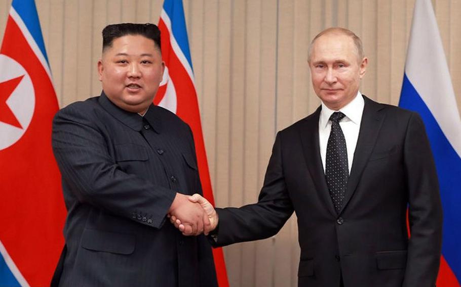 North Korean leader Kim Jong Un meets with Russian President Vladamir Putin in Vladivostok, Russia, April 26, 2019, in this image from the Korean Central News Agency.