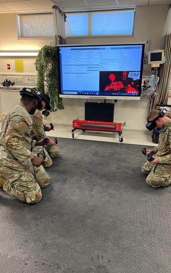 Soldiers from the 173rd Airborne Brigade in Vicenza, Italy, do tactical combat casualty care training on a virtual reality system provided by the 31st Medical Group at Aviano Air Base.