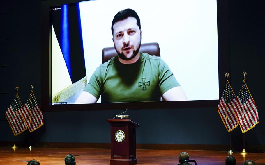 Ukrainian President Volodymyr Zelenskyy delivers a virtual address to Congress by video at the Capitol in Washington, Wednesday, March 16, 2022.