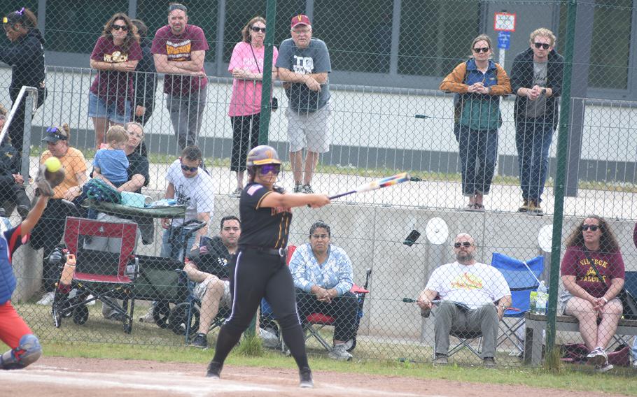 Vilseck's Liliana Johnson fouls off a pitch Wednesday, May 21, 2025, on the opening day of the DODEA-Europe Division I softball championships at Kaiserslautern, Germany.
