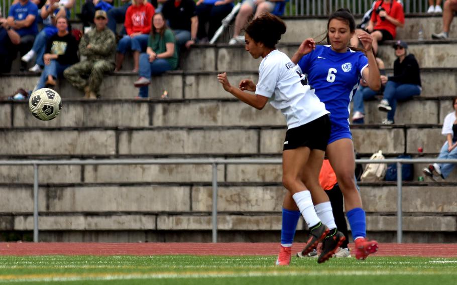 Ramstein’s Alejandra Munera fights for the ball during the DODEA-Europe Division I girls soccer semifinals against Kaiserslautern on Wednesday at Ramstein Air Base, Germany. The No. 1 seed Royals won 5-2 and will face Stuttgart Thursday in the finals.