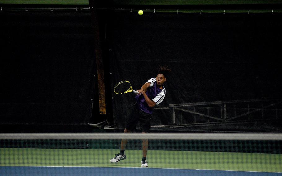 Bahrain's Carson Owens serves during his and teammate Matthew Mendoza's pool-play match against Vicenza's Andrew Reed and Jacob McGovern at the DODEA European tennis championships on Oct. 20, 2023, at T2 Sports Health Club in Wiesbaden, Germany.