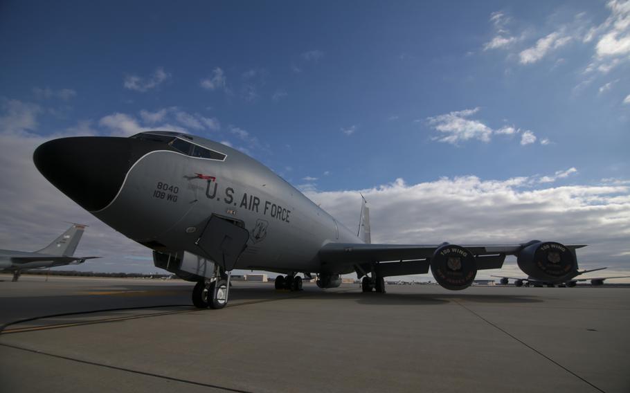 A New Jersey Air National Guard KC-135 Stratotanker from the 108th Wing sits on the flightline awaiting maintenance at Joint Base McGuire-Dix-Lakehurst, N.J., Feb. 26, 2017. The KC-135s are, in several ways, relics of a bygone era of analog aviation — the plane is flown via metal cables running the length of the fuselage and wings, rather than through electrical systems, as is the case in contemporary craft.