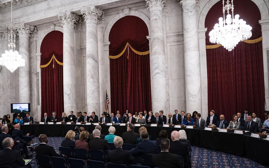 Senate Majority Leader Charles E. Schumer (D-N.Y.) hosts a Senate bipartisan Artificial Intelligence Insight Forum and others in the Kennedy Caucus Room on Capitol Hill on Wednesday, Sept. 13, 2023.