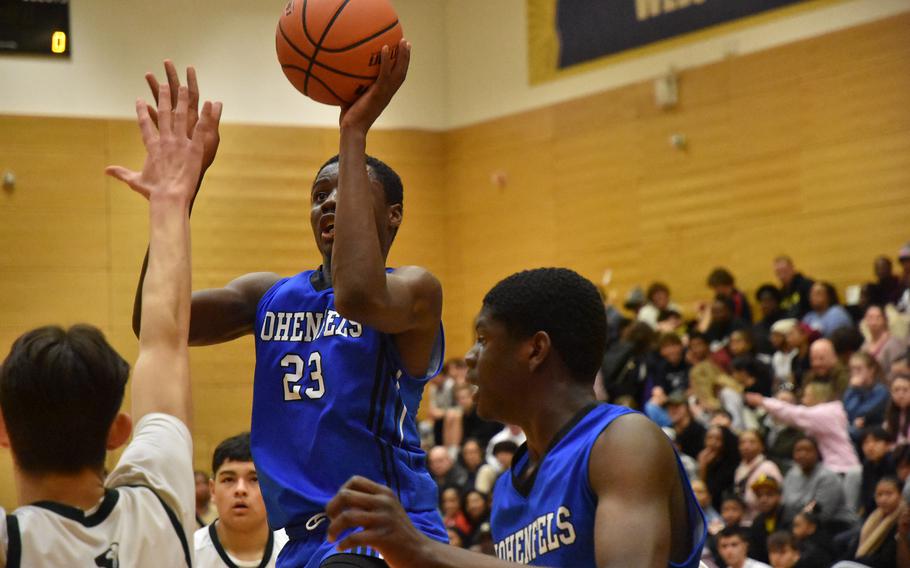 Hohenfels’ Jacob Idowu puts up two of his game-high 33 points to lead the Tigers to a semifinal victory over AFNORTH at the DODEA European Basketball Championships on Friday, Feb. 16, 2024, in Wiesbaden, Germany.