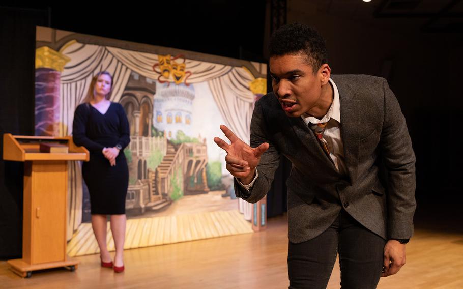 Air Force Tech Sgt. Marcus Allen-Hall rehearses for his performance in "The Complete Works of William Shakespeare (Abridged)," which will be shown on various dates in May at the Kaiserslautern Community Activity Center, Daenner Kaserne, Germany.