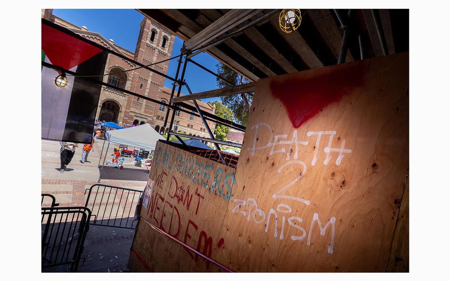 Graffiti at the Powell Library on the UCLA campus where pro-Palestinian demonstrators erected an encampment on April 29, 2024, in Los Angeles. 