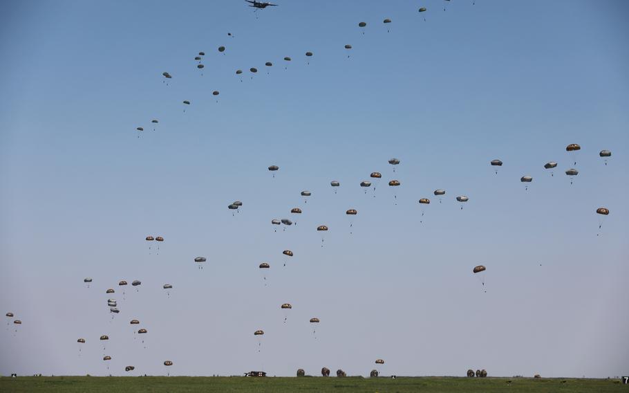 Paratroopers with the 82nd Airborne Division execute a jump during exercise Defender-Europe 21 at Boboc Air Base, Romania, on May 10, 2021. 