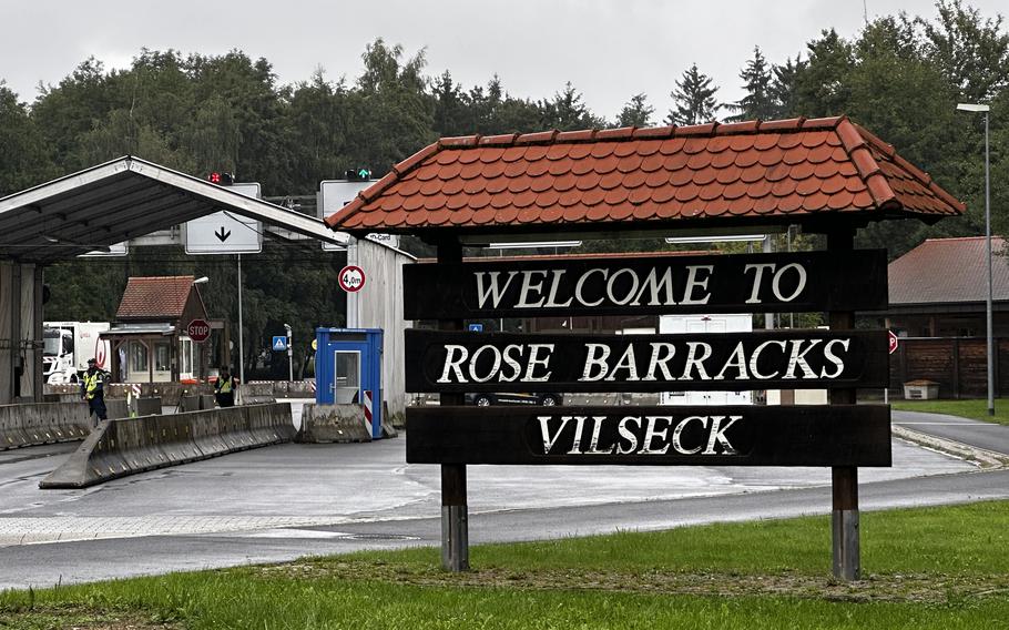 The main entrance gate at Rose Barracks in Vilseck, Germany, is shown Aug. 29, 2023. A soldier from the base is charged with murder in the 2022 death of his infant son.