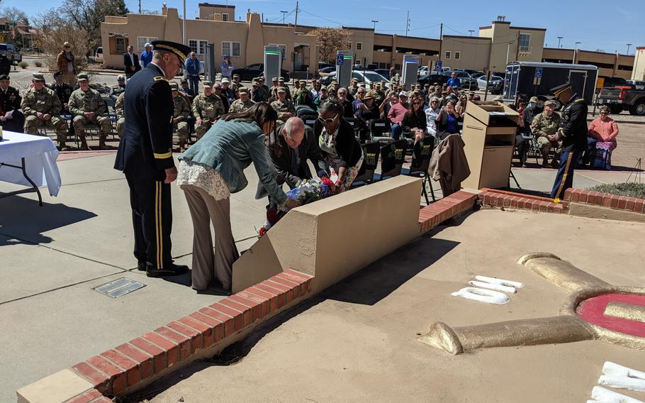 Brig. Gen. Miguel Aguilar, Congresswoman Teresa Leger Fernandez, Santa Fe Mayor Alan Webber, and NMDVS Secretary Sonya Smith lay a wreath at the Bataan Memorial.