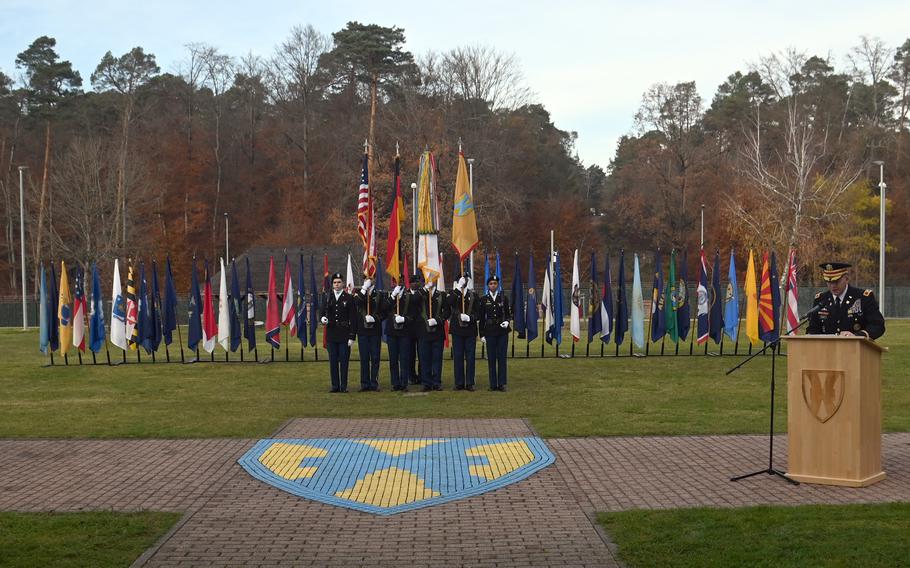 Col. Douglas LeVien, the 21st Theater Sustainment Command’s deputy commander, speaks at the unit’s Veterans Day observance at Panzer Kaserne in Kaiserslautern, Germany, on Nov. 10, 2021.