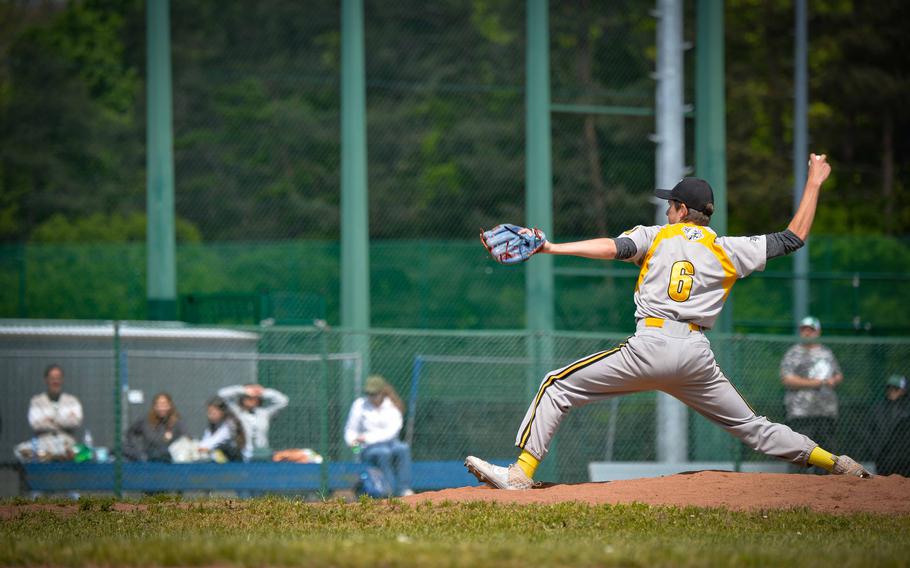 Vicenza’s Logan Sistare extends across the mound before delivering a powerful pitch against Naples during the DODEA-Europe Division II-III Baseball Championships at Ramstein Air Base, Germany, May 18, 2023.