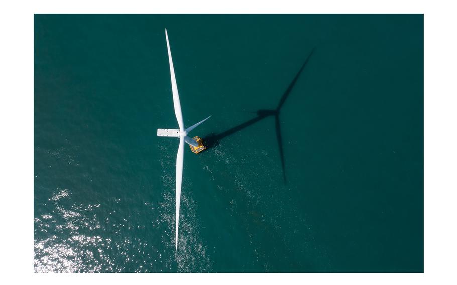A wind turbine in the East China Sea of the coast of South Korea. 