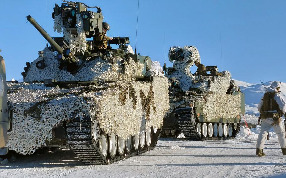 A CV90 infantry fighting vehicle near Bardufoss, Norway, during Joint Viking military exercises with NATO forces on March 8. 