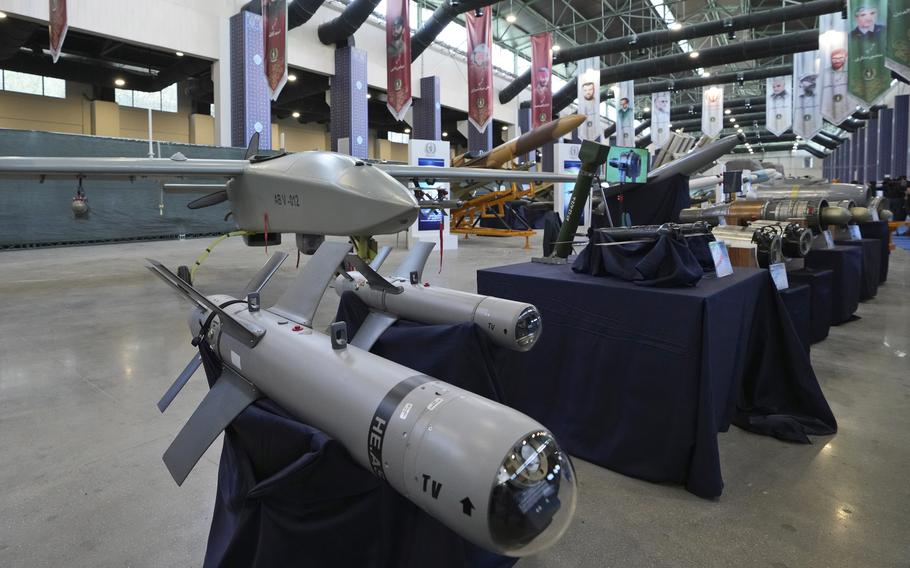 Iran’s domestically built drones and weapons are displayed in an exhibition in a military compound belonging to the Defense Ministry, in Tehran, Iran, Aug. 23, 2023. The U.S. has imposed sanctions on seven people and four companies in China, Russia and Turkey who officials allege are connected with the development of Iran’s drone program. 