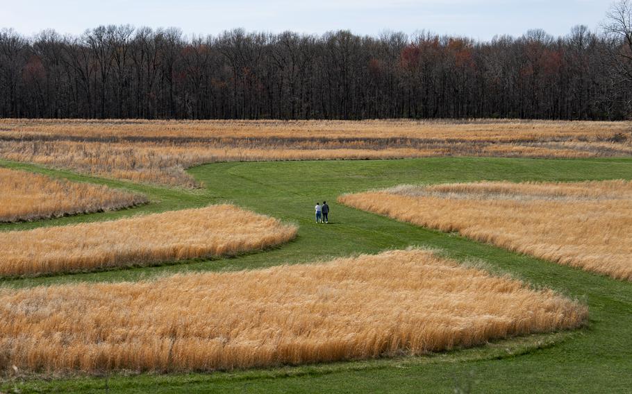 People enjoy the Angel Mounds State Historic Site in Evansville, Ind.  The site honors the Mississippians who inhabited the area hundreds of years ago.