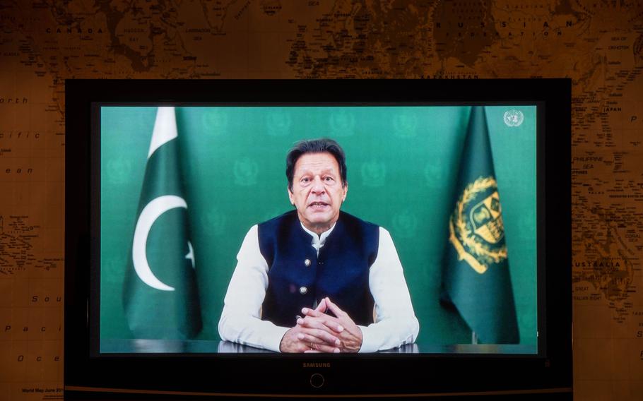 Imran Khan, Pakistan’s prime minister, speaks in a prerecorded video during the United Nations General Assembly via live stream on Sept. 24, 2021.
