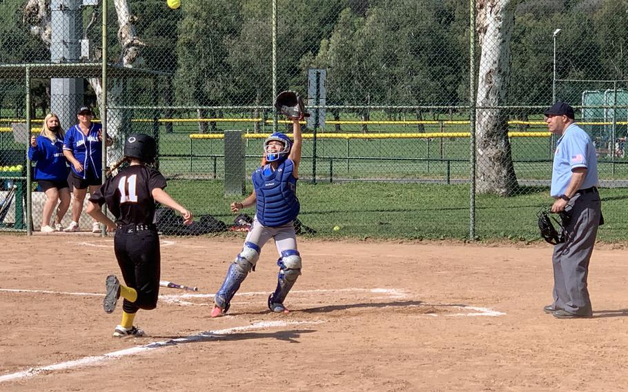 Rota catcher Annaleah Storr stretches for the ball to try to prevent a run on Saturday, April 30, 2022 at Carney Park in Naples, Italy. The Admirals defeated Vicenza 14-8.