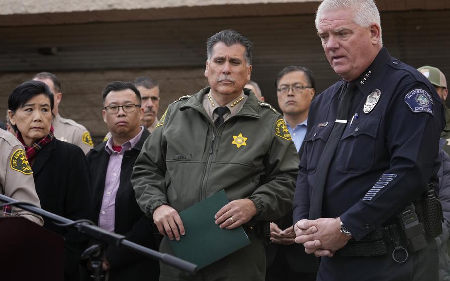 Los Angeles County Sheriff Robert Luna, center, and Monterey Park Chief of Police Scott Wiese, far right, brief the media outside the Civic Center in Monterey Park, Calif., Sunday, Jan. 22, 2023. At left are Rep. Judy Chu and Monterrey Park Mayor Henry Lo.