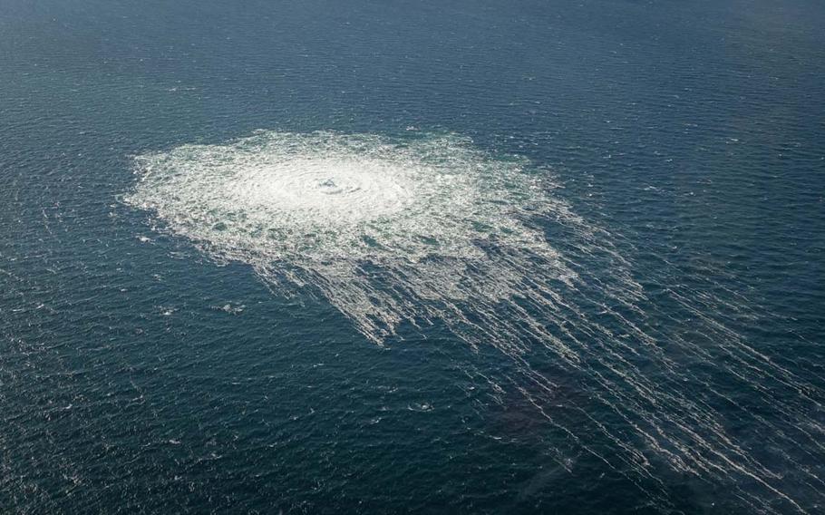 The gas leak at Nord Stream 2 photographed from a Danish F-16 interceptor near Bornholm island in the Baltic Sea, Sept. 27, 2022.