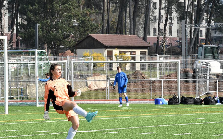 Wiesbaden goalkeeper Michaela Furnia boots the ball downfield during the Warriors' matchup with Ramstein on Saturday at Ramstein High School on Ramstein Air Base, Germany.