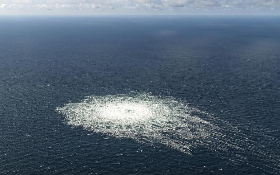 A large disturbance in the sea can be observed off the coast of the Danish island of Bornholm on Tuesday, Sept. 27, 2022, following a series of leaks on two natural gas pipelines running from Russia under the Baltic Sea to Germany. EU officials said Wednesday it appears the leaks were “a deliberate act” of sabotage. 