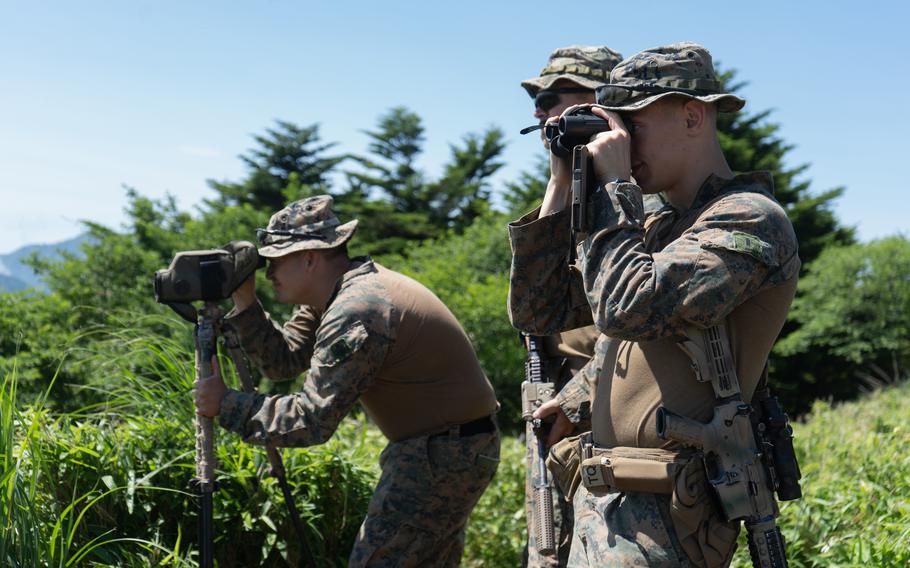 Marines practice close air support with F-35B Lightning II aircraft at Combined Arms Training Center Camp Fuji, Japan, on June 28, 2022. 