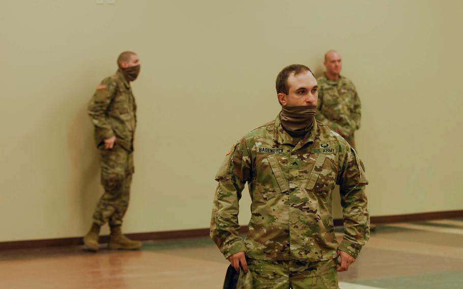 Cpl. Robert Badendyck, a Cavalry Scout with Bravo Troop, 2nd Squadron, 101st Cavalry Regiment stands ready for deployment to New York City from Niagara Falls, N.Y., Apr. 14, 2020. Now a staff sergeant, Badendyck remains an active member of the National Guard’s COVID mission.