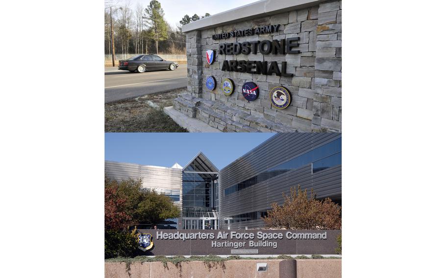 Top, the gate at Redstone Arsenal in Alabama, and bottom, Air Force Space Command at Peterson Air Force Base, Colo. Defense Department officials told former President Donald Trump’s administration that setting up Space Command in Colorado would allow for a quicker path to full operations, but they came away with a decision to move the headquarters to Alabama, according to a new government watchdog report.
