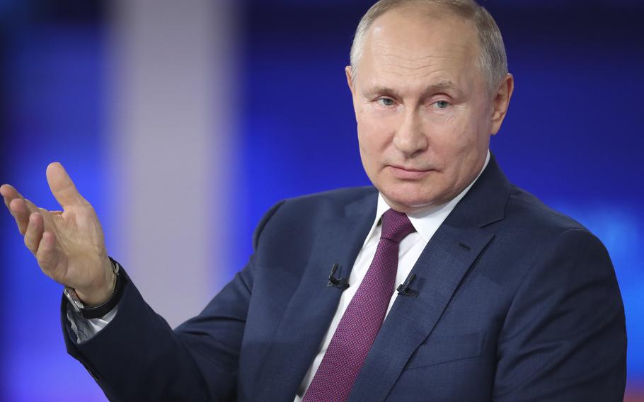 Russian President Vladimir Putin attends his annual live call-in show in Moscow, Russia, Wednesday, June 30, 2021. 