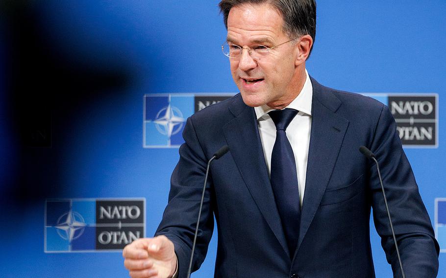 Mark Rutte speaks at NATO headquarters.
