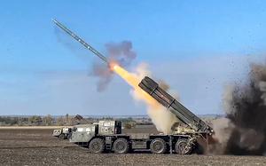 A Russian rocket launcher fires at an undisclosed location in Ukraine on March 21, 2024.